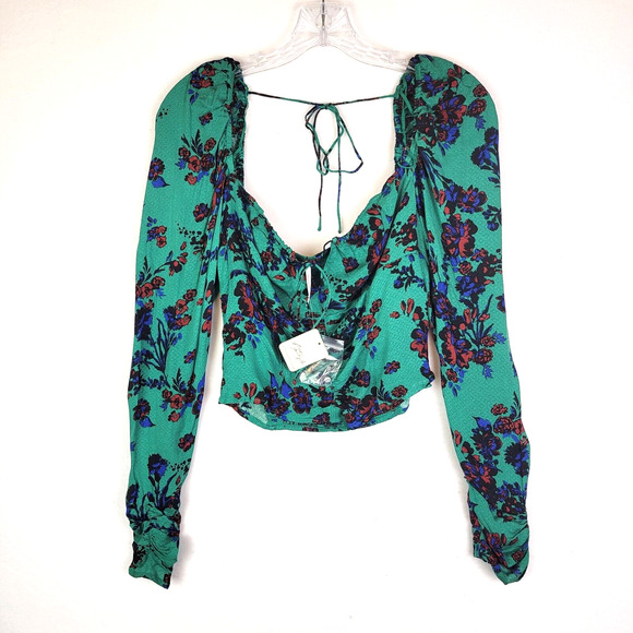 Free People Tops - Free People Womens Hilary Floral Ruched Crop Top Blouse Size Small Green